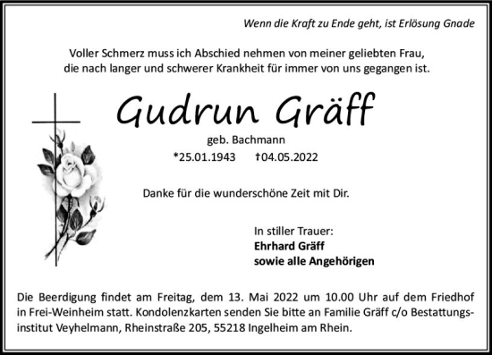 Traueranzeige von Gudrun Gräff von vrm-trauer Allgemeine  Zeitung Ingelheim-Bingen
