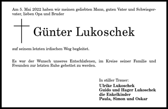 Traueranzeige von Günter Lukoschek von vrm-trauer Allg. Zeitung Bad Kreuznach