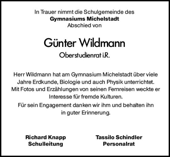 Traueranzeige von Günter Wildmann von vrm-trauer Odenwälder Echo