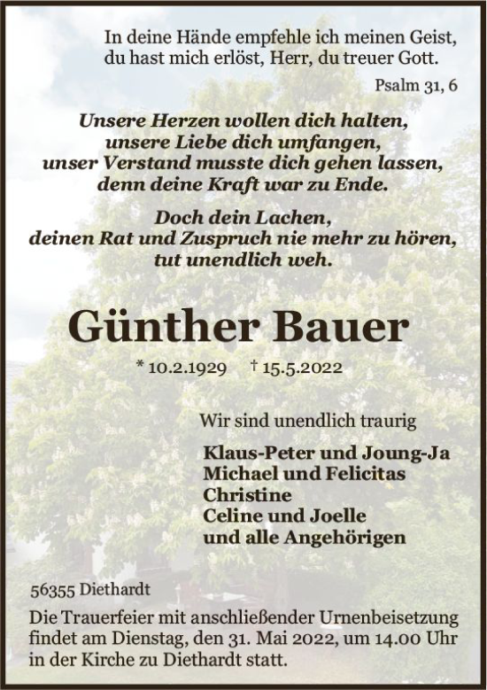 Traueranzeige von Günther Bauer von vrm-trauer Rüsselsheimer Echo / MainSpitze