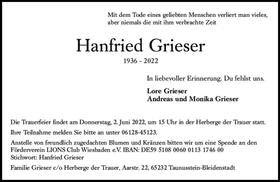 Traueranzeige von Hanfried Grieser von vrm-trauer Wiesbadener Kurier