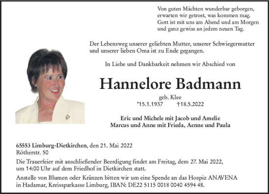 Traueranzeige von Hannelore Badmann von vrm-trauer Wiesbadener Kurier