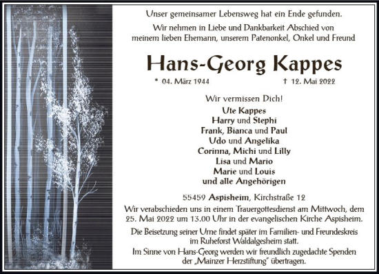 Traueranzeige von Hans-Georg Kappes von vrm-trauer Allgemeine  Zeitung Ingelheim-Bingen