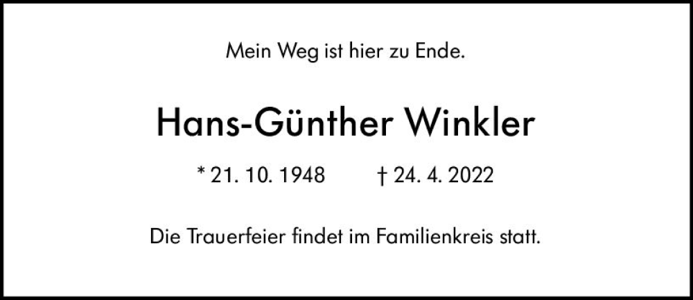  Traueranzeige für Hans-Günther Winkler vom 04.05.2022 aus vrm-trauer Wormser Zeitung