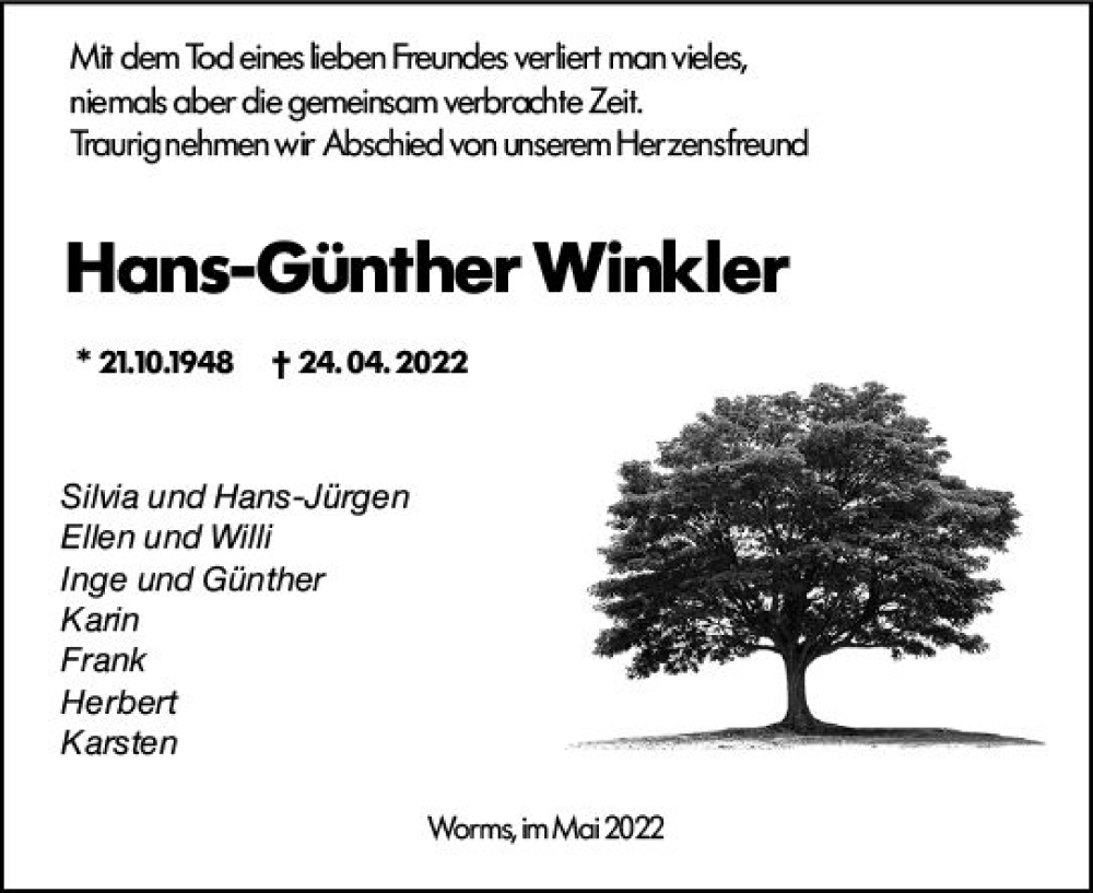  Traueranzeige für Hans-Günther Winkler vom 21.05.2022 aus vrm-trauer Wormser Zeitung