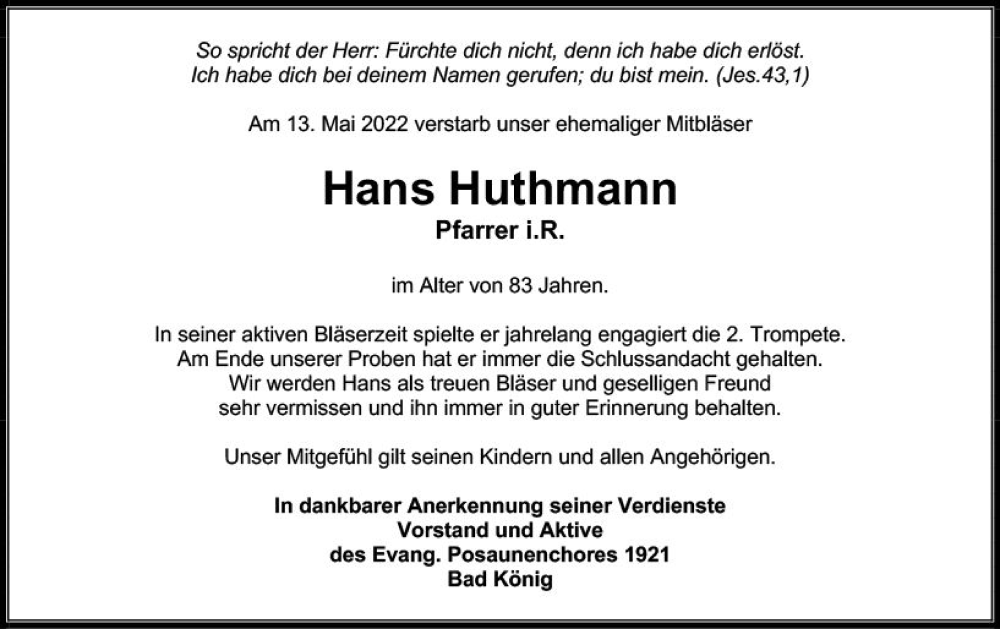  Traueranzeige für Hans Huthmann vom 21.05.2022 aus vrm-trauer Odenwälder Echo
