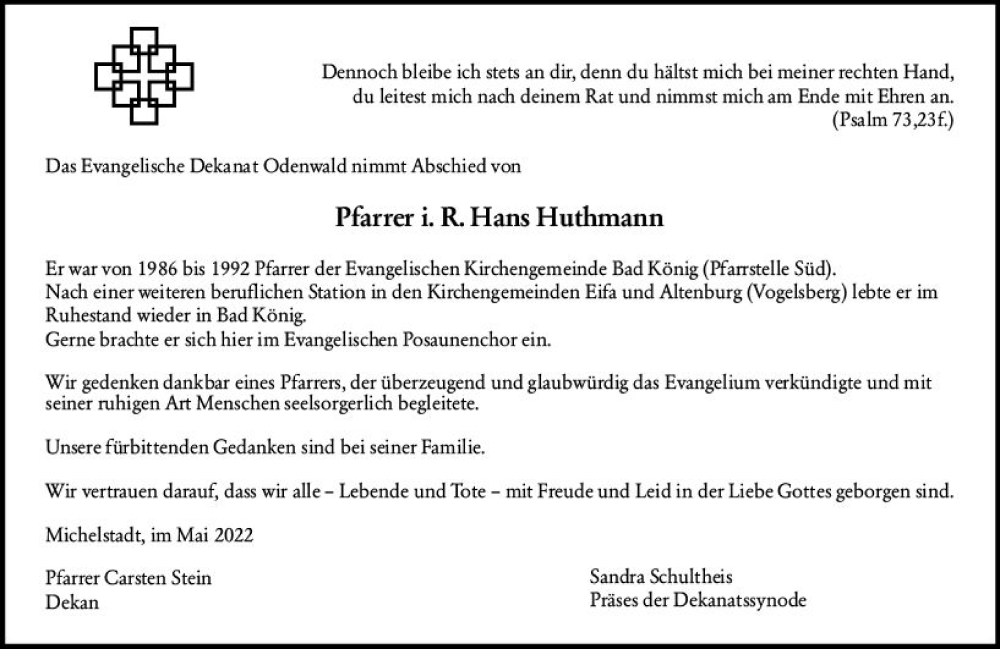  Traueranzeige für Hans Huthmann vom 21.05.2022 aus vrm-trauer Odenwälder Echo