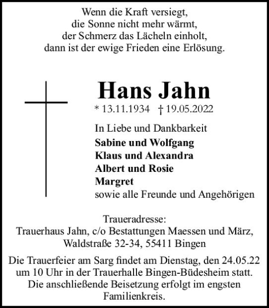 Traueranzeige von Hans Jahn von vrm-trauer Allgemeine  Zeitung Ingelheim-Bingen