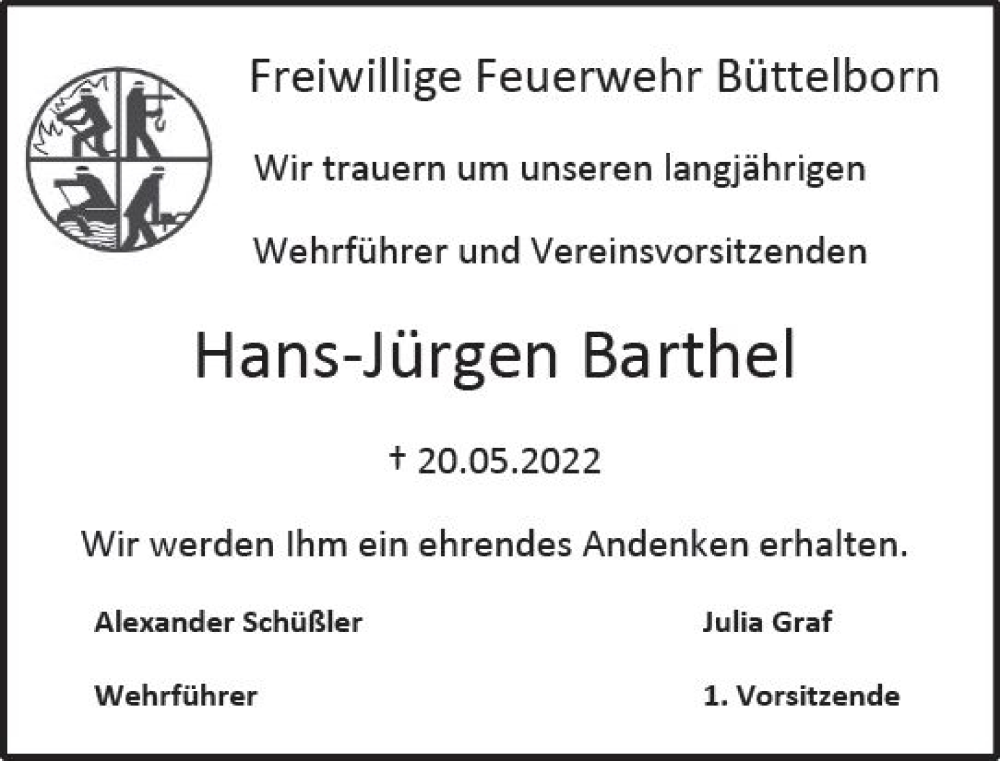  Traueranzeige für Hans-Jürgen Barthel vom 24.05.2022 aus vrm-trauer Groß-Gerauer Echo