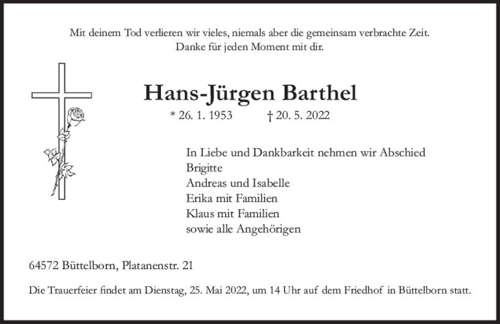  Traueranzeige für Hans-Jürgen Barthel vom 23.05.2022 aus vrm-trauer Groß-Gerauer Echo