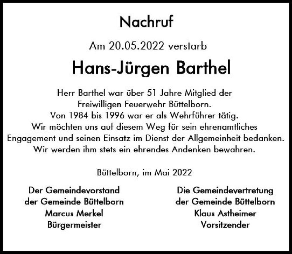  Traueranzeige für Hans-Jürgen Barthel vom 28.05.2022 aus vrm-trauer Groß-Gerauer Echo