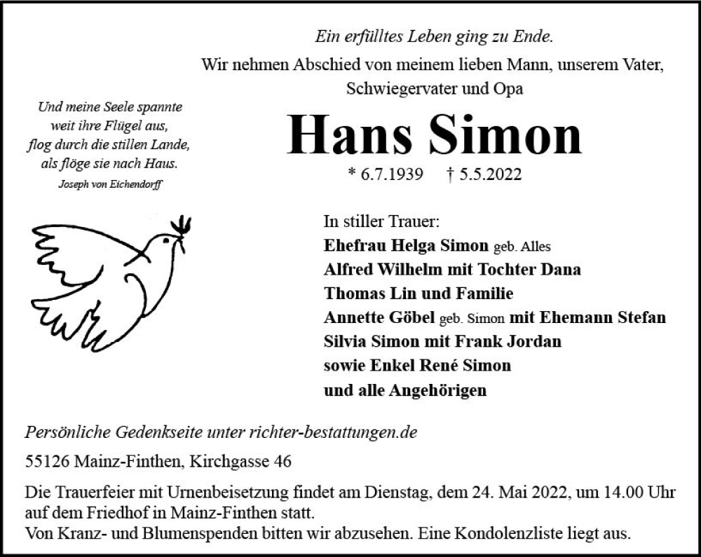  Traueranzeige für Hans Simon vom 14.05.2022 aus vrm-trauer AZ Mainz