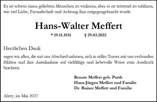 Traueranzeige von Hans-Walter Meffert von vrm-trauer Allgemeine Zeitung Alzey