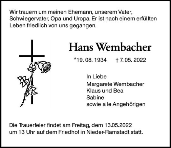 Traueranzeige von Hans Wembacher von vrm-trauer Darmstädter Echo