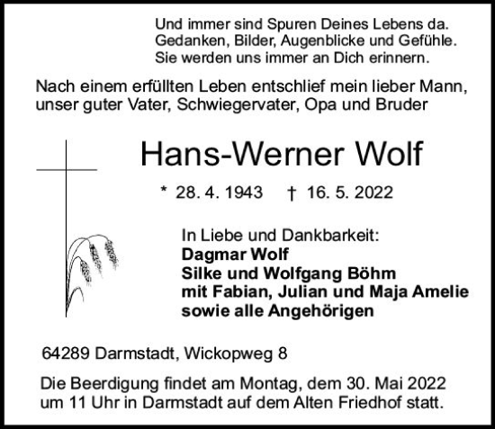 Traueranzeige von Hans-Werner Wolf von vrm-trauer Darmstädter Echo