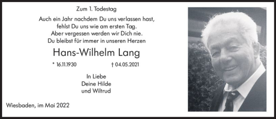 Traueranzeige von Hans-Wilhelm Lang von vrm-trauer Wiesbadener Kurier