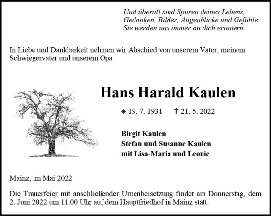 Traueranzeige von Hans Harald Kaulen von vrm-trauer AZ Mainz