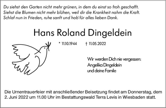 Traueranzeige von Hans Roland Dingeldein von vrm-trauer Wiesbadener Kurier
