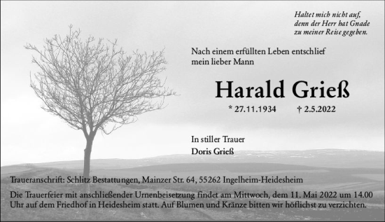Traueranzeige von Harald Grieß von vrm-trauer Allgemeine  Zeitung Ingelheim-Bingen