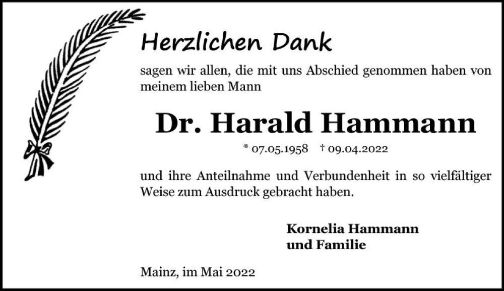  Traueranzeige für Harald Hammann vom 07.05.2022 aus vrm-trauer AZ Mainz