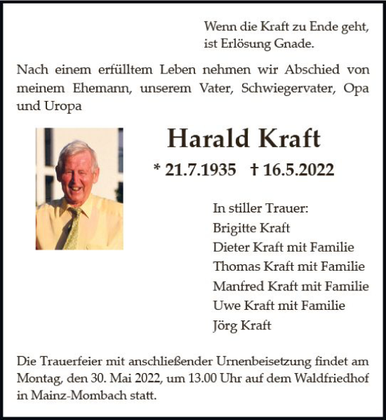 Traueranzeige von Harald Kraft von vrm-trauer AZ Mainz