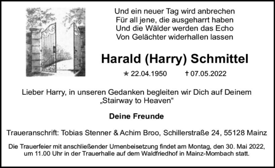 Traueranzeige von Harald Schmittel von vrm-trauer AZ Mainz