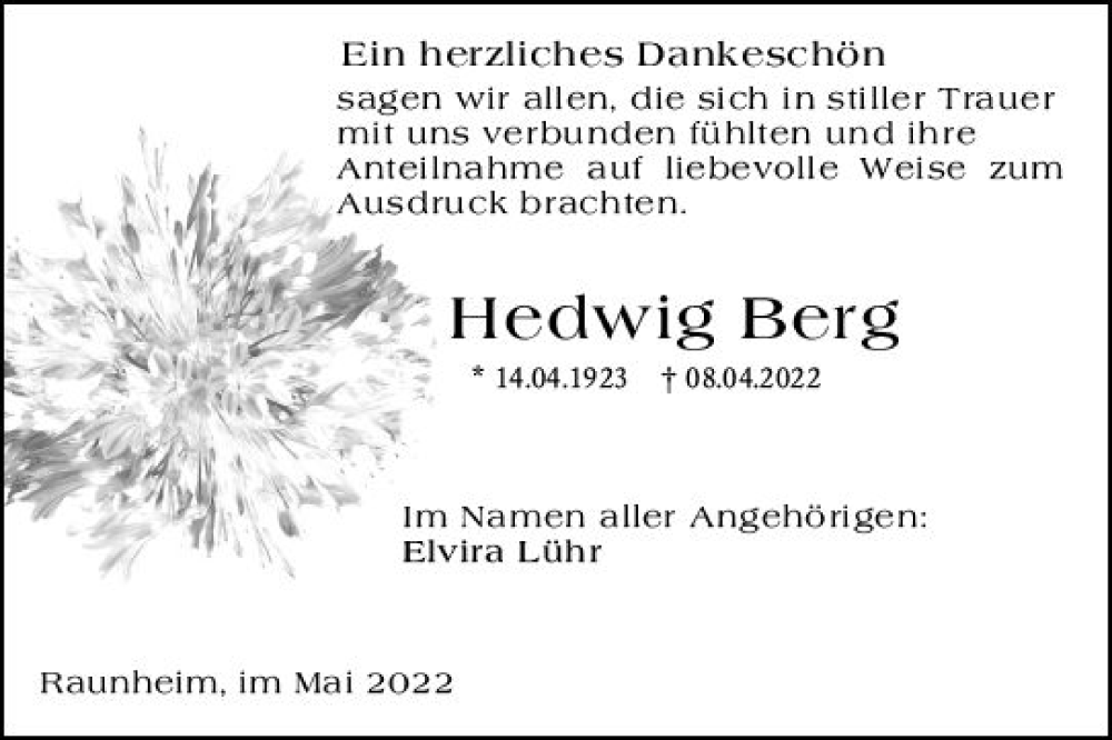  Traueranzeige für Hedwig Berg vom 14.05.2022 aus vrm-trauer Rüsselsheimer Echo / MainSpitze
