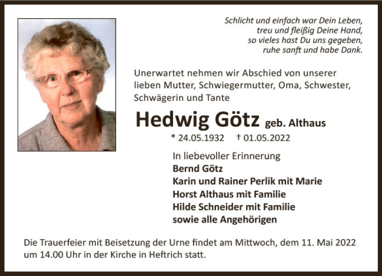 Traueranzeige von Hedwig Götz von vrm-trauer Idsteiner Zeitung