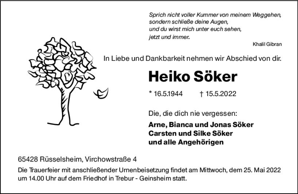  Traueranzeige für Heiko Söker vom 21.05.2022 aus vrm-trauer Rüsselsheimer Echo / MainSpitze