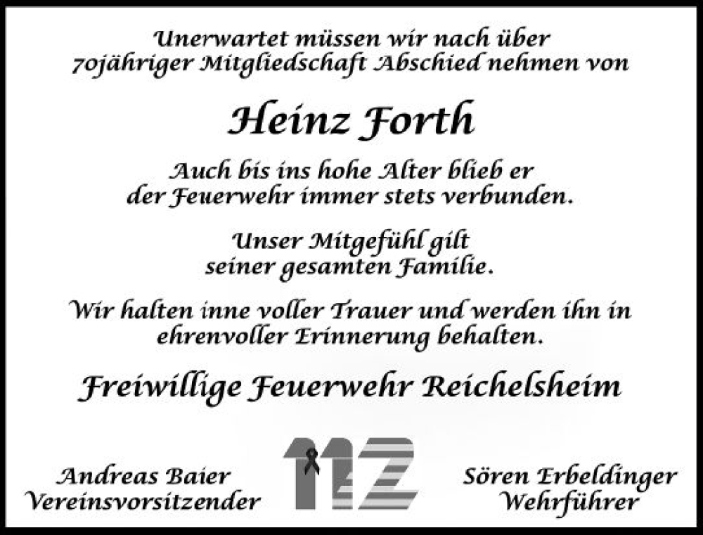  Traueranzeige für Heinz Forth vom 07.05.2022 aus vrm-trauer Odenwälder Echo