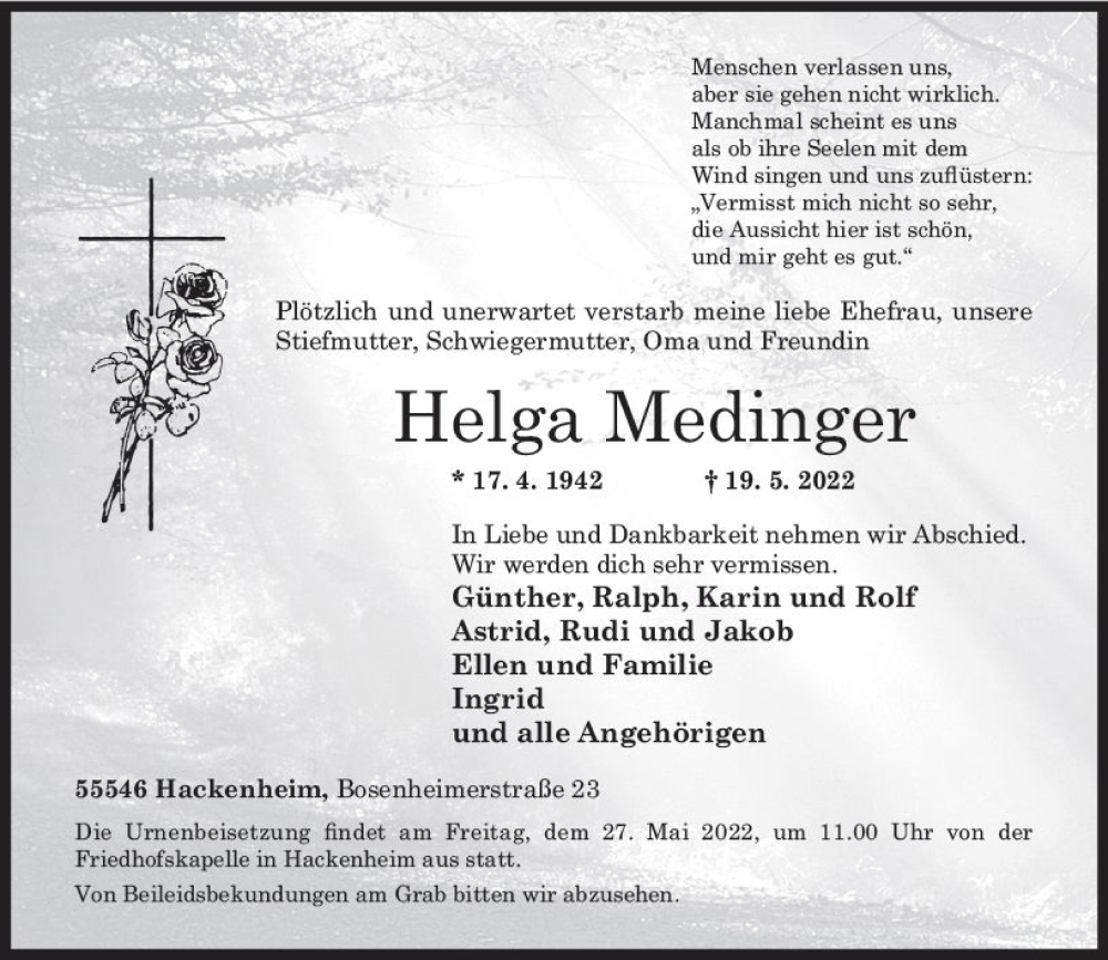  Traueranzeige für Helga Medinger vom 24.05.2022 aus vrm-trauer Allg. Zeitung Bad Kreuznach