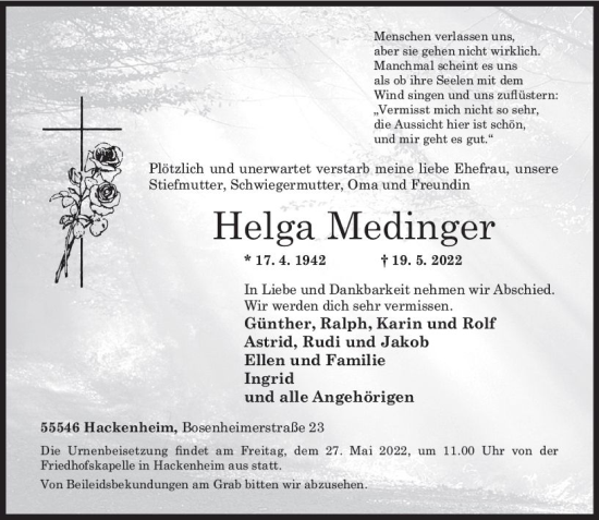 Traueranzeige von Helga Medinger von vrm-trauer Allg. Zeitung Bad Kreuznach