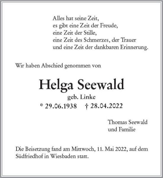Traueranzeige von Helga Seewald von vrm-trauer Wiesbadener Kurier