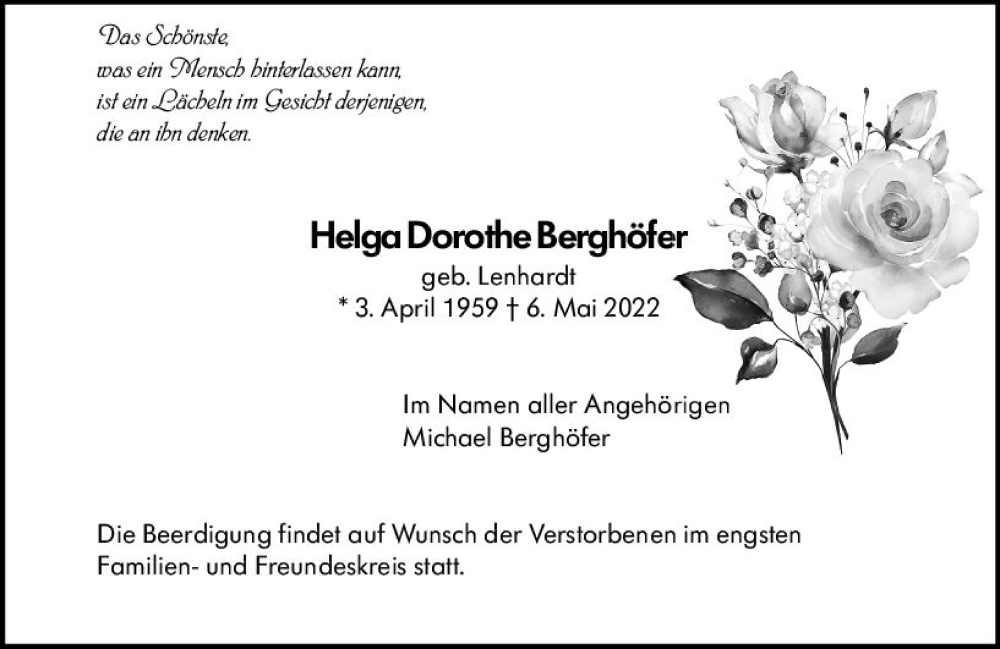  Traueranzeige für Helga Dorothe Berghöfer vom 14.05.2022 aus vrm-trauer Bürstädter/Lamperth. Ztg/Starkenburger