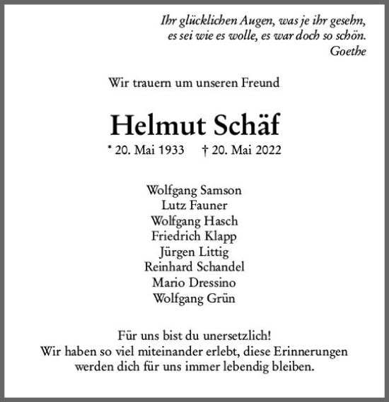 Traueranzeige von Helmut Schäf von vrm-trauer Wormser Zeitung