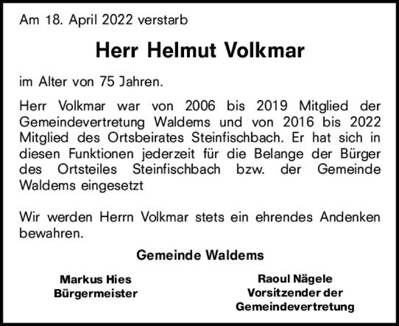  Traueranzeige für Helmut Volkmar vom 03.05.2022 aus vrm-trauer Idsteiner Zeitung