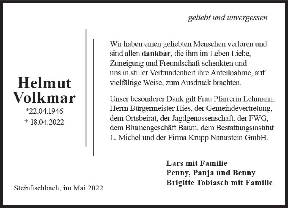  Traueranzeige für Helmut Volkmar vom 21.05.2022 aus vrm-trauer Idsteiner Zeitung