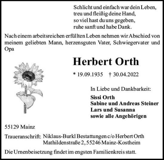 Traueranzeige von Herbert Orth von vrm-trauer AZ Mainz