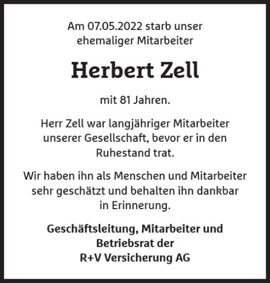 Traueranzeige von Herbert Zell von vrm-trauer Wiesbadener Kurier