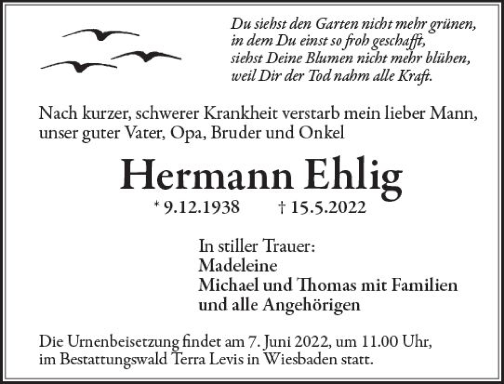  Traueranzeige für Hermann Ehlig vom 28.05.2022 aus vrm-trauer Wiesbadener Kurier