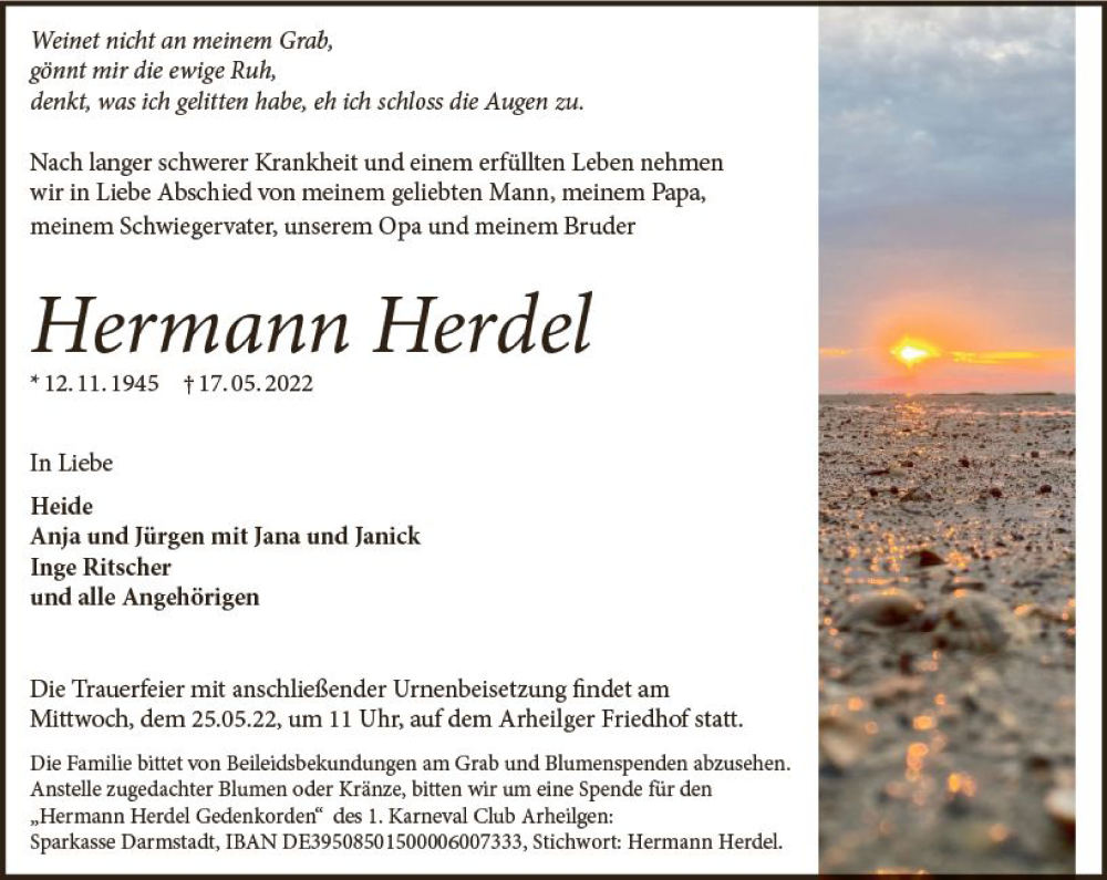  Traueranzeige für Hermann Herdel vom 21.05.2022 aus vrm-trauer Darmstädter Echo