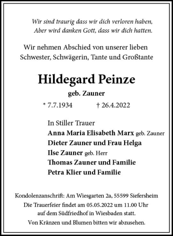 Traueranzeige von Hildegard Peinze von vrm-trauer Wiesbadener Kurier