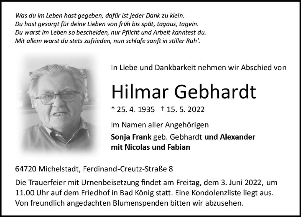  Traueranzeige für Hilmar Gebhardt vom 28.05.2022 aus vrm-trauer Odenwälder Echo