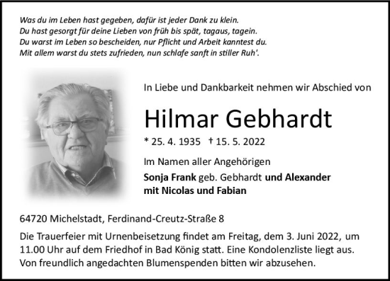 Traueranzeige von Hilmar Gebhardt von vrm-trauer Odenwälder Echo