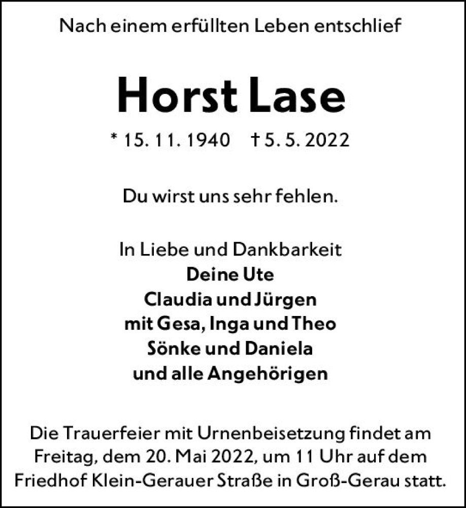  Traueranzeige für Horst Lase vom 14.05.2022 aus vrm-trauer Groß-Gerauer Echo