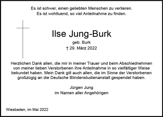 Traueranzeige von Ilse Jung-Burk von vrm-trauer Wiesbadener Kurier