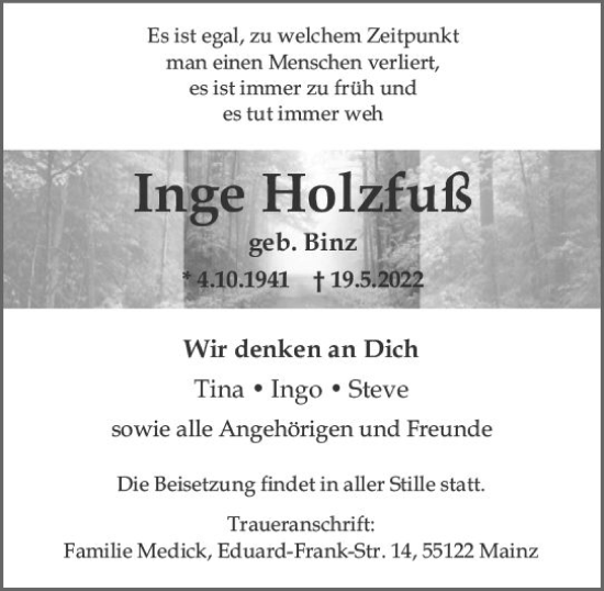 Traueranzeige von Inge Holzfuß von vrm-trauer AZ Mainz