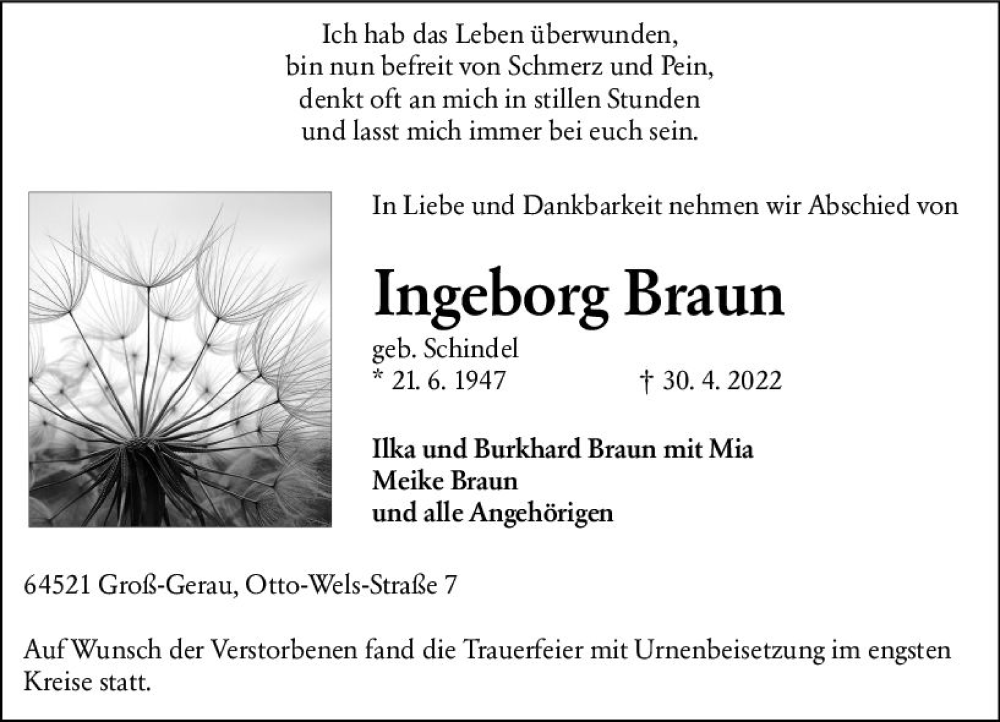  Traueranzeige für Ingeborg Braun vom 14.05.2022 aus vrm-trauer Groß-Gerauer Echo