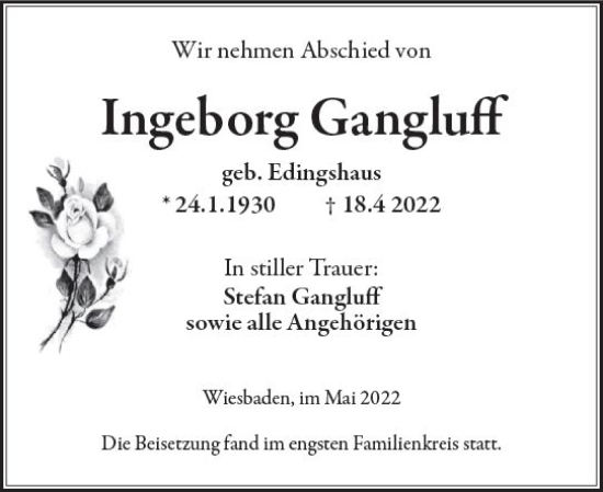 Traueranzeige von Ingeborg Gangluff von vrm-trauer Wiesbadener Kurier