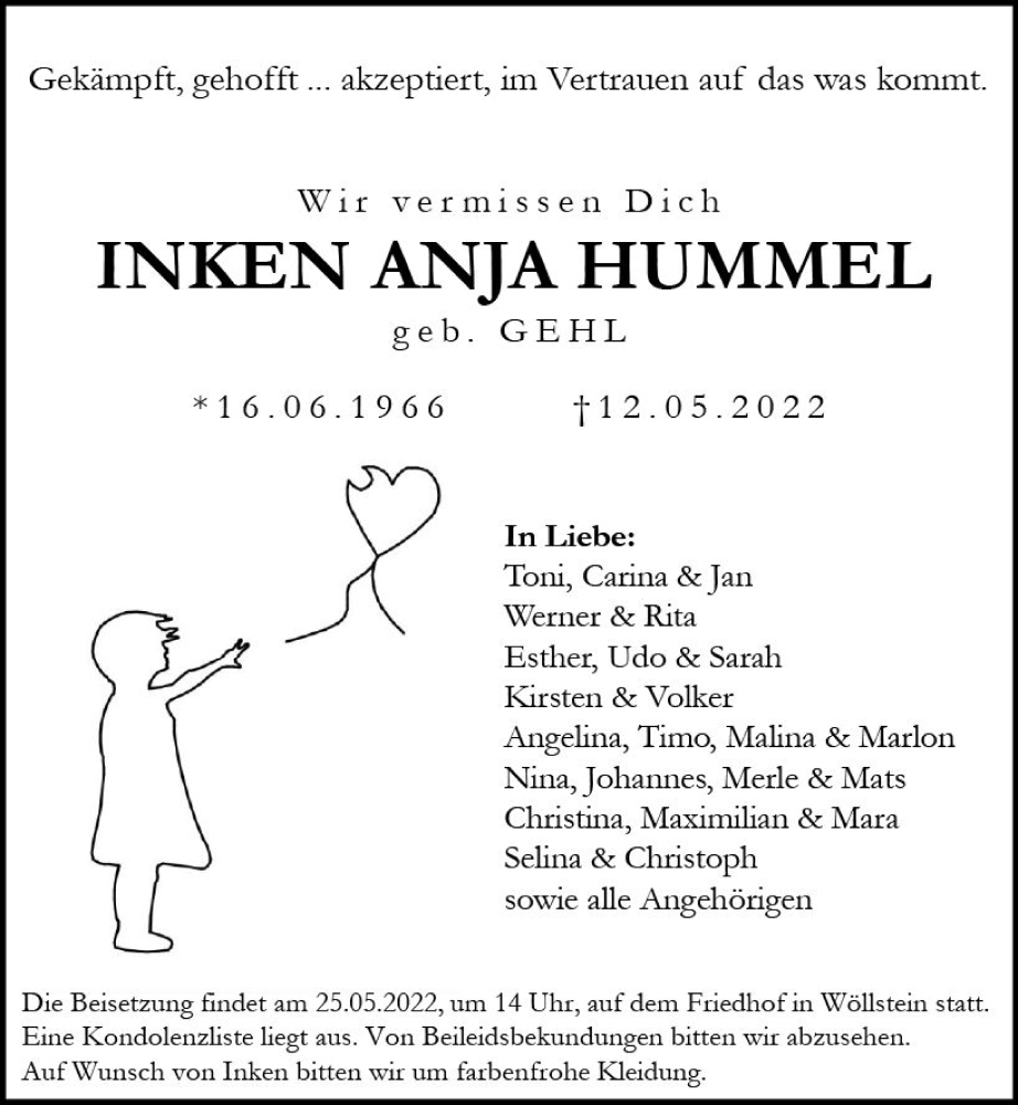  Traueranzeige für Inken Anja Hummel vom 21.05.2022 aus vrm-trauer Allgemeine Zeitung Alzey